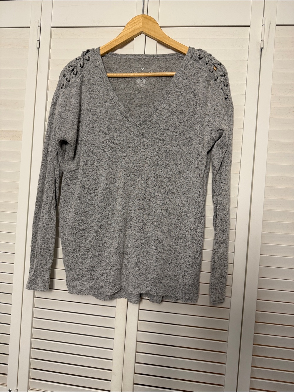 American Eagle Outfitters Gray V-Neck Lace-Up Shoulder Sweater